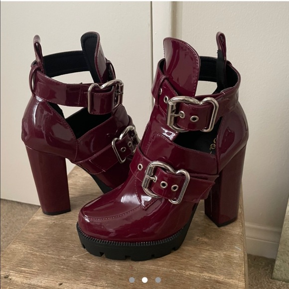 Dolls Kill Shoes - Wine patent buckle platform boots